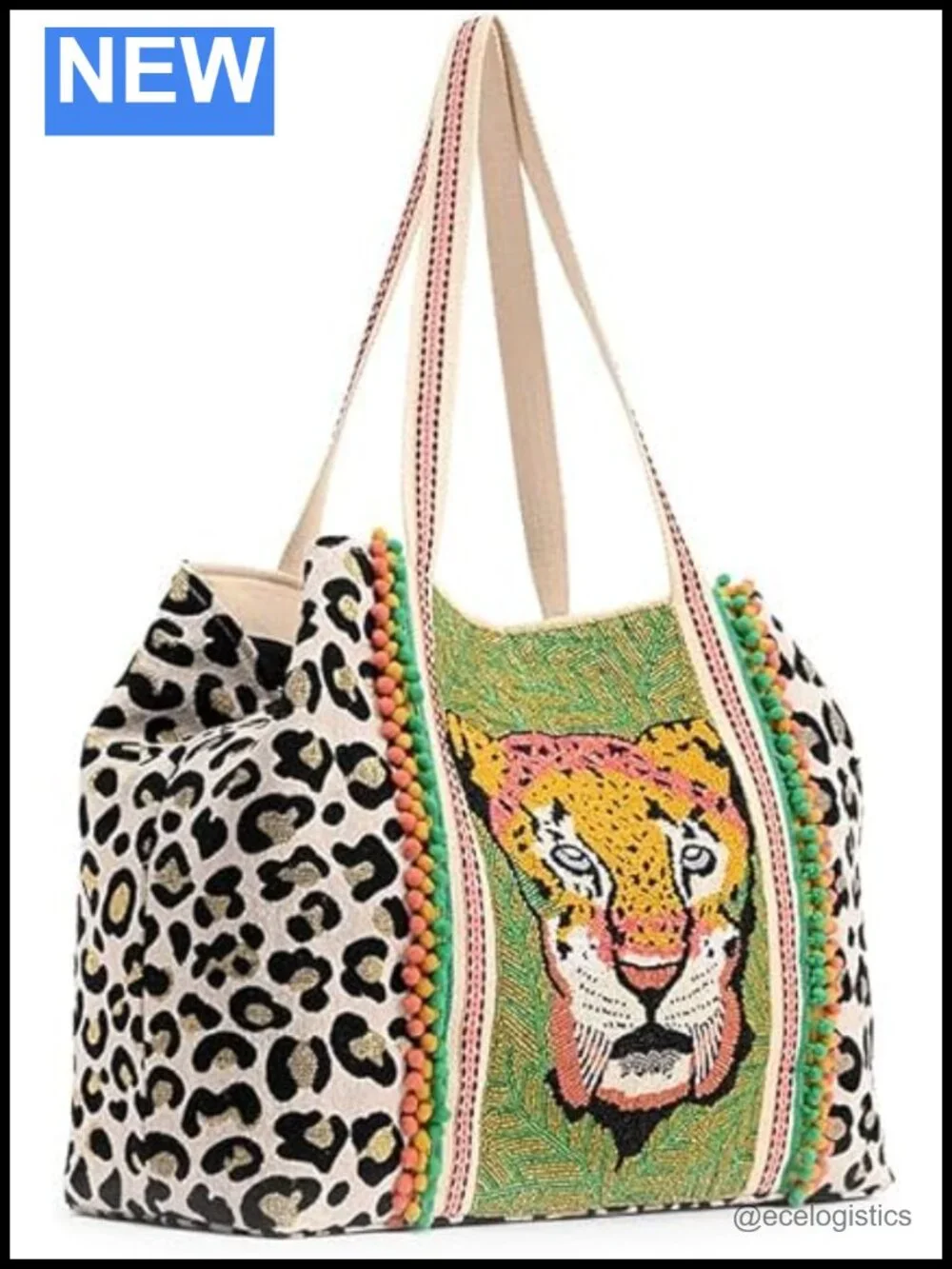 Hand-Beaded Leopard Tote Bag with Pompom Embellished Handle for Women